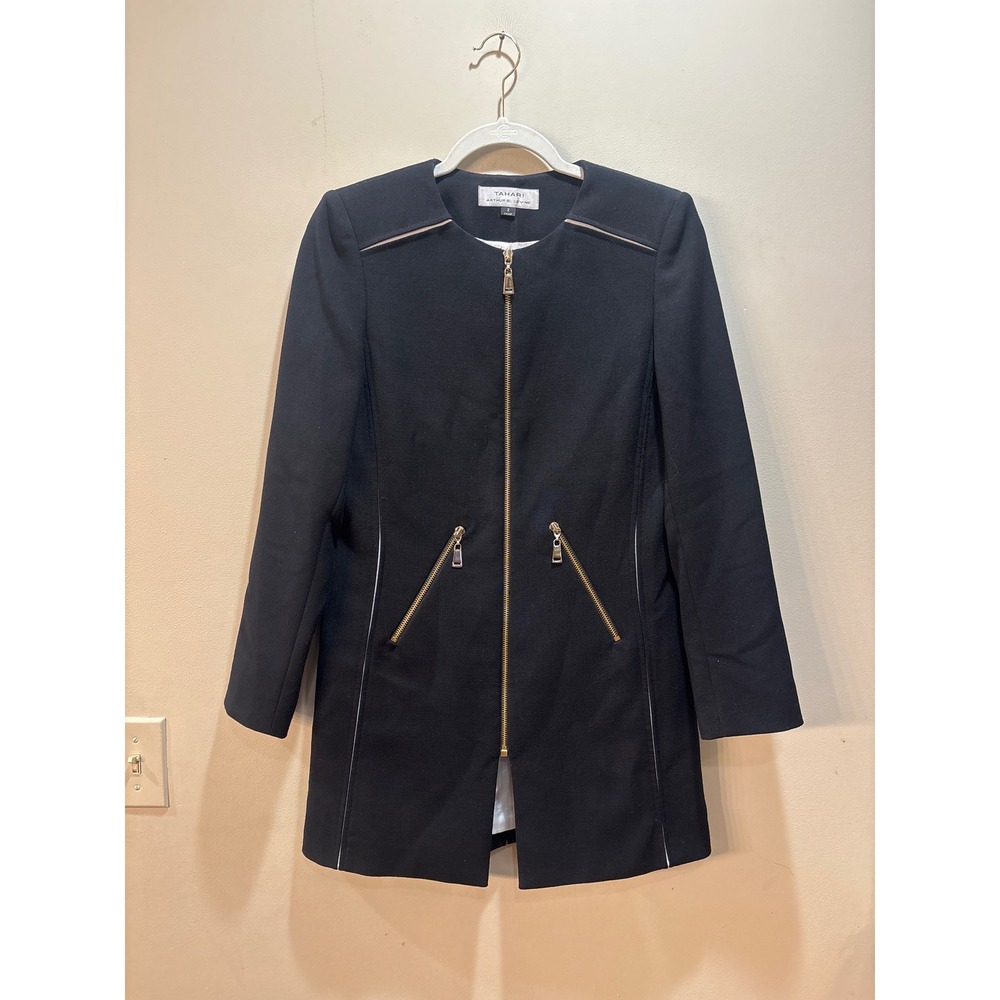 Tahari Arthur S. Levine Black Longline Zip Jacket Gold Hardware Size 2‎
